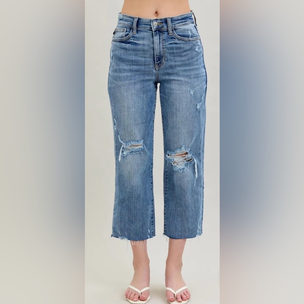 Judy Blue: Wide Leg, Tummy Control, High Rise, Cropped, Distressed Jeans